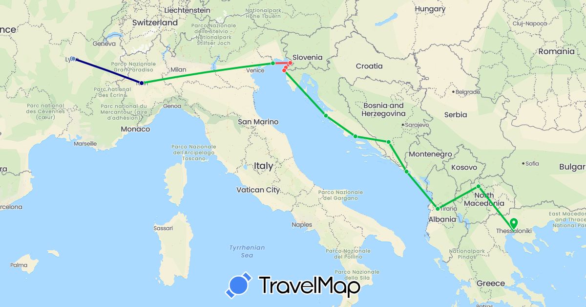 TravelMap itinerary: driving, bus, cycling, hiking in Albania, Bosnia and Herzegovina, France, Greece, Croatia, Italy, Montenegro, Macedonia, Slovenia (Europe)